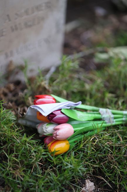 A small bouquet of fresh tulips in various colors, including pink, yellow, red, and purple, lying on the grass near a stone memorial. The tulips are wrapped with some paper and tied with a floral ribb