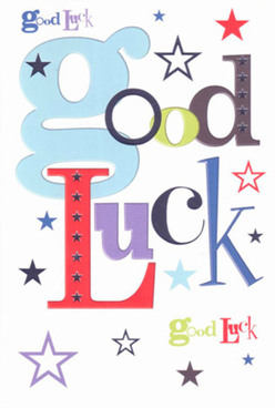 This locally designed good luck card radiates optimism and cheer, as if hand-picked from the vibrant energy of Kensal Green's bustling markets. The phrase itself commands attention with oversized, pastel-blue letters anchored by robust reds, soft mossy greens, and velvety purples-echoing the joyful palettes found in window boxes along All Souls Avenue. Starbursts of every size and hue, from twinkling navy and dreamy sky-blue to gentle lavender and citrusy yellow, feel artfully scattered across the crisp white card, evoking dreamy nights spent beneath the North West London sky. You can almost feel the tactile smoothness beneath your fingertips, the high-quality print promising a card as delightful to hold as to display on a mantelpiece. The composition suggests anticipation and genuine care: each font carefully chosen, every colour balanced, stars tracing a path of hope and possibility. As a local florist, I'm reminded of the pride felt in tying the final ribbon on a bouquet before a treasured client's big life event. This card's design would feel right at home tucked among fresh blooms from Kensal Green or sent with a same-day delivery of flowers, offering a heartfelt boost for a milestone moment-an exam, a move, a new adventure along Harrow Road. It's a visual and emotional celebration, gently assuring the recipient that luck and support are never far away in our lively Kensal Green neighbourhood.